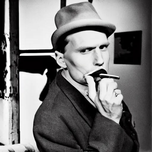 Prompt: jerma 9 8 5 as a private investigator, noir style, 1 9 4 0's, film photograph, high detail, smoking a cigarette, grainy