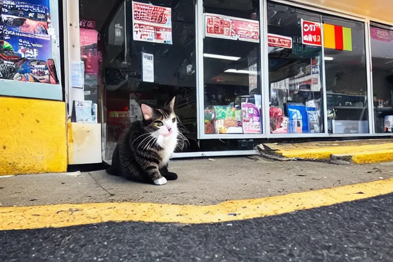 Prompt: cat with a cigarette in its mouth in 7 - eleven wide angle lens