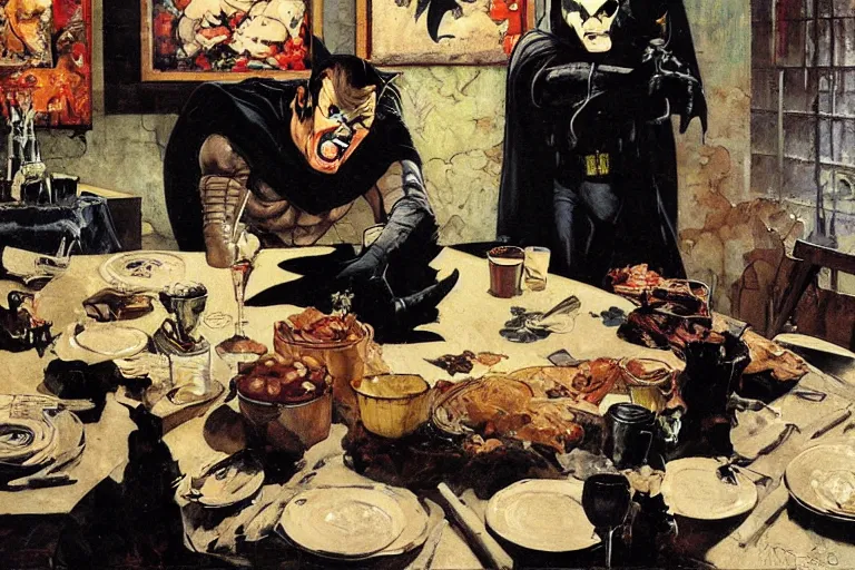 Prompt: batman eats messily in a dining room much to the displeasure of his wife, painted by phil hale and rick berry and dean cornwell and norman rockwell and jeremy mann