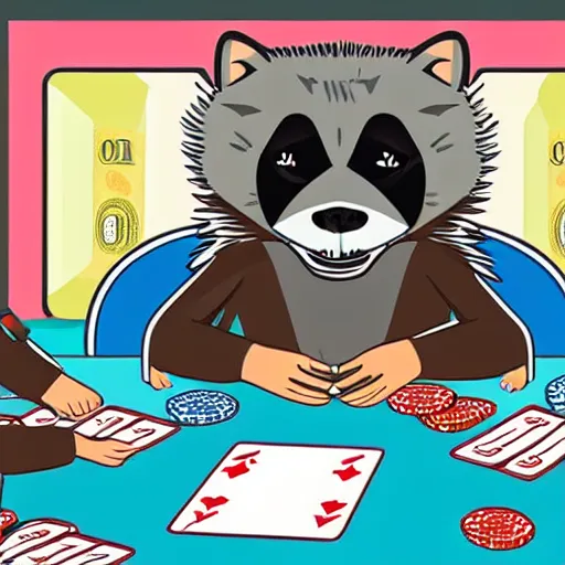 Prompt: illustration of gangster raccoons in smokings, playing poker, dollars, and pistolet on the table