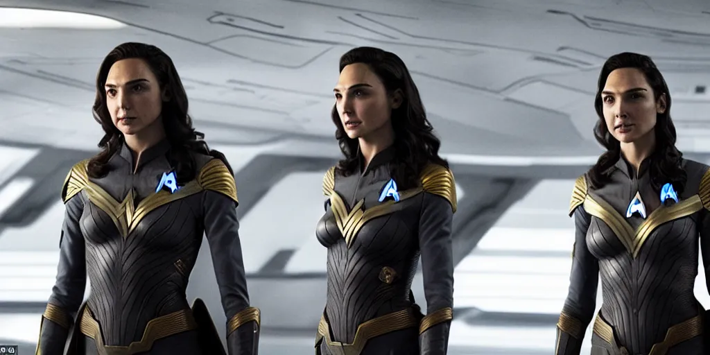 Image similar to Gal Gadot, in full starfleet uniform, is the captain of the starship Enterprise in the new Star Trek movie