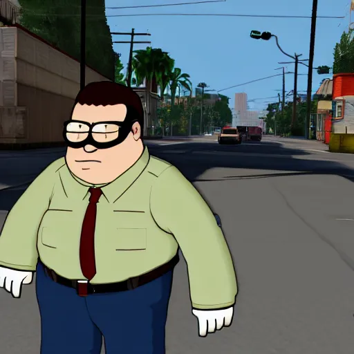 Prompt: gta sa ingame screenshot, mod where you play as peter griffin, ( peter griffin is a fat man with white shirt, brown pants, and wears glasses ), 4 k screenshot