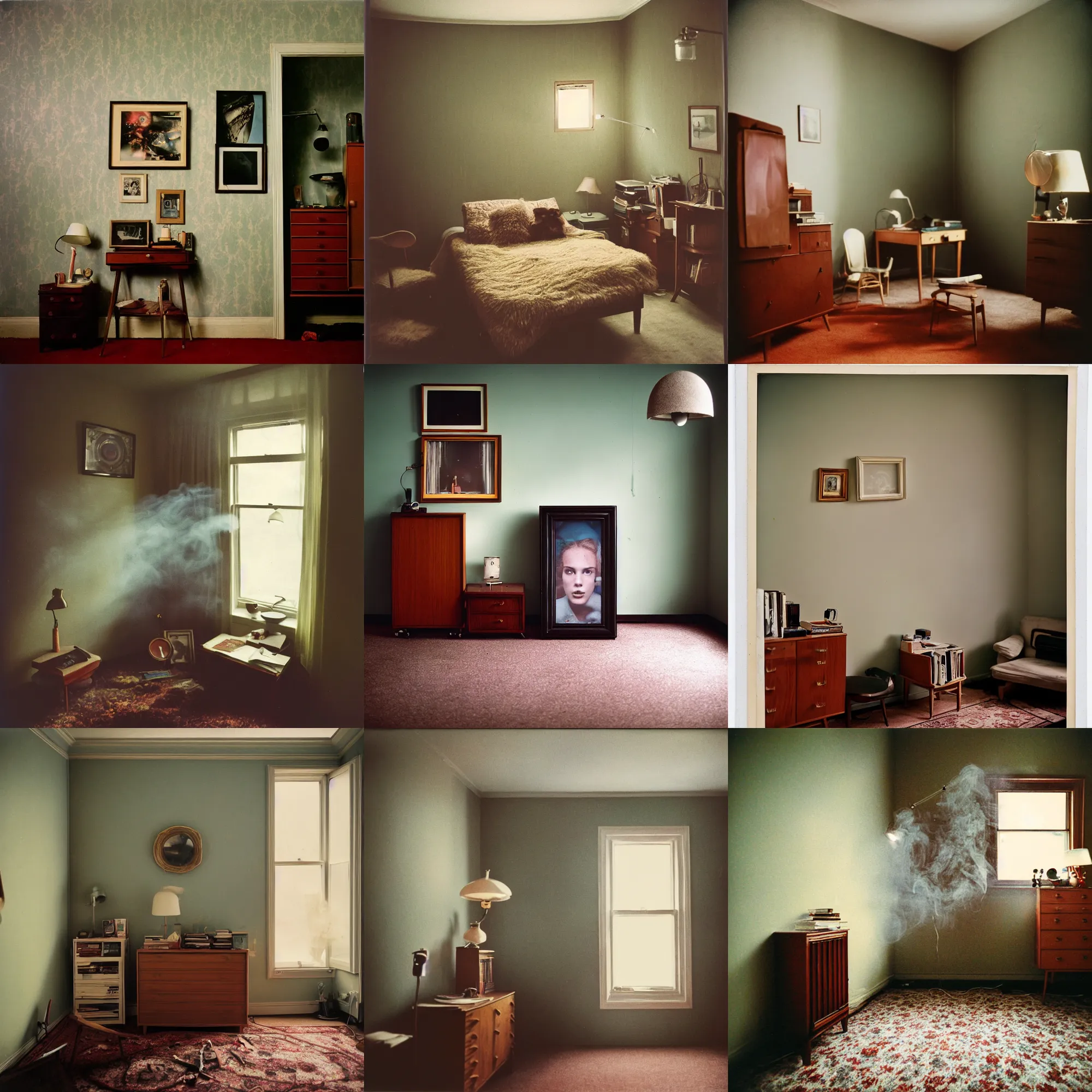 Image similar to kodak portra 4 0 0, wetplate, 8 mm extreme fisheye, award - winning portrait by britt marling of a 1 9 6 0 s room, picture frames, shining lamps, dust, smoke, 1 9 6 0 s furniture, wallpaper, carpet, books, muted colours, wood, fog,