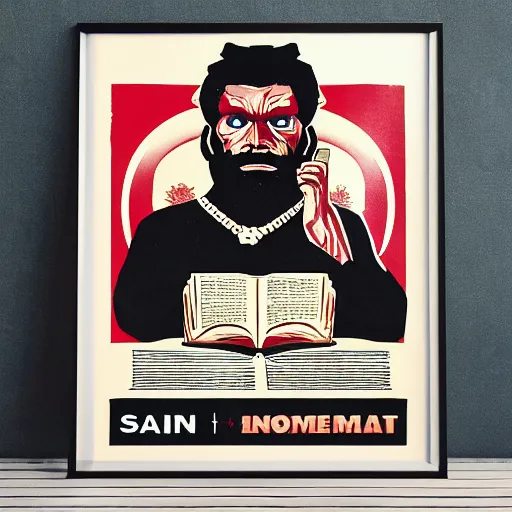 Prompt: saint homo neanderthalis portrait poster with book of science on his right hand, pop art, gta chinatown wars art style, bioshock infinite art style, hyperrealistic, two colors, paper border table, 4 k, remove duplicate content, justify contents center.