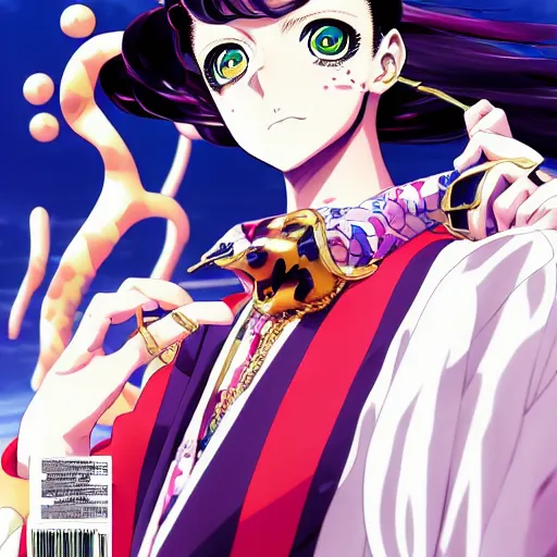 Image similar to Magazine Cover Anime key visual of a Gucci girl; official media; typography; drawn by Hirohiko Araki; Jojo's Bizarre Adventure; Jojolion, portrait, made by Stanley Artgerm Lau, WLOP, Rossdraws, James Jean, Andrei Riabovitchev, Marc Simonetti, Yoshitaka Amano, ArtStation