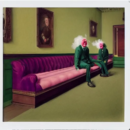 Prompt: a polaroid of a highly detailed beautiful portrait close up hyper realistic photograph of british members of parliament in the house of commons wearing pastel coloured clown costumes, they are smoking cannabis. without visible brushstrokes but in the style of edward hopper, richard hamilton. concept art. green leather benches. photographic. concept. crisp. no artefacts. desaturated. high fidelity facial portrait. 8 k