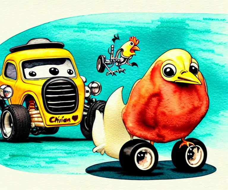 Prompt: cute and funny, chicken driving a tiny black hot rod with an oversized engine, ratfink style by ed roth, centered award winning watercolor pen illustration, isometric illustration by chihiro iwasaki, edited by craola, tiny details by artgerm and watercolor girl, symmetrically isometrically centered