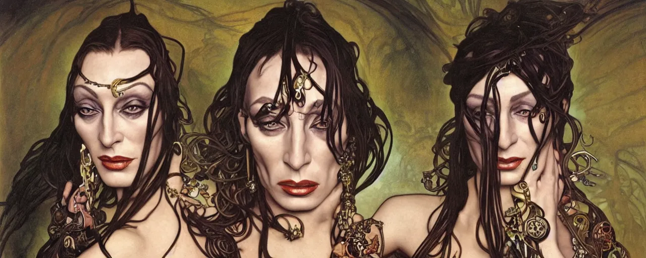 Image similar to stunning exotic art nouveau portrait of anjelica huston as an industrial dieselpunk queen of the night by glenn fabry, simon bisley and alphonse mucha, photorealism, extremely hyperdetailed, perfect symmetrical facial features, perfect anatomy, ornate declotage, spikes, latex, confident expression, wry smile, sinister eyes