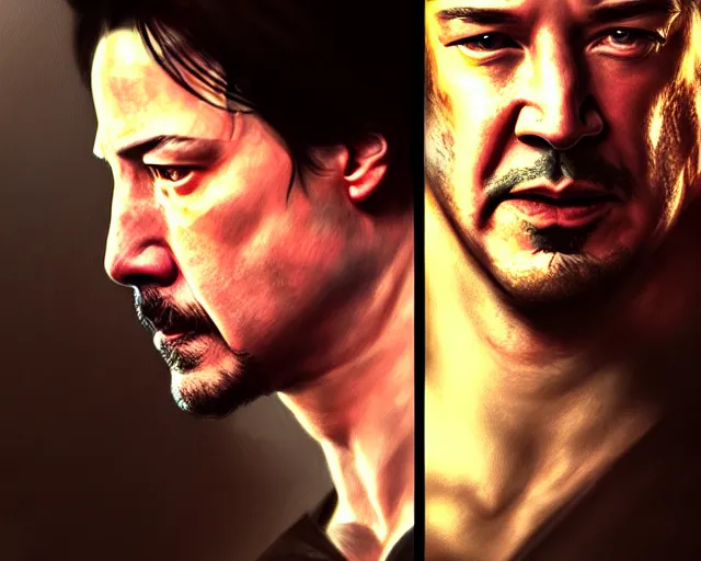 Prompt: hdr portrait photography brendan fraser boxing keanu reeves, coherent portraits, mmorpg fantasy, intricate, elegant, highly detailed, egyptian, digital painting, trending on artstation, hdr photo, smooth, sharp focus, illustration, art by artgerm and greg rutkowski and alphonse mucha