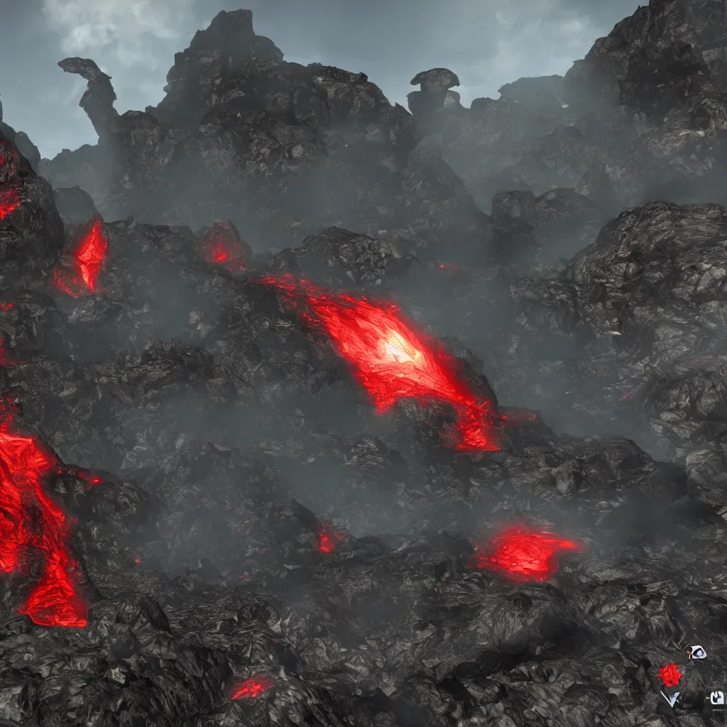 Image similar to satanic mountain goats with glowing red eyes on a sheer obsidian cliffside with lavaflow, lava waterfalls, skyrim gameplay screenshot, dark souls, epic