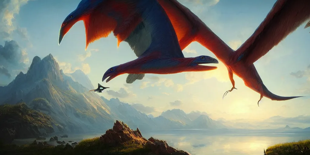 Image similar to ultra realistic colorful pterodactylus beautiful dreamy landscape, dream, colors, highly detailed, artgerm style, clear, ocatne render, artstation trend, epic art style, greg rutkowski, cinematic, concept art, 8 k hd