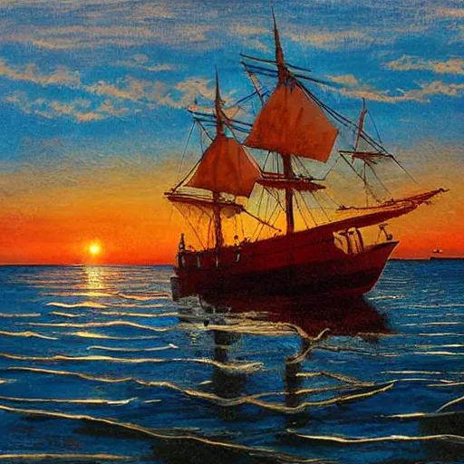 Image similar to medieval ship on the sea, sunset, painting style claude gellee