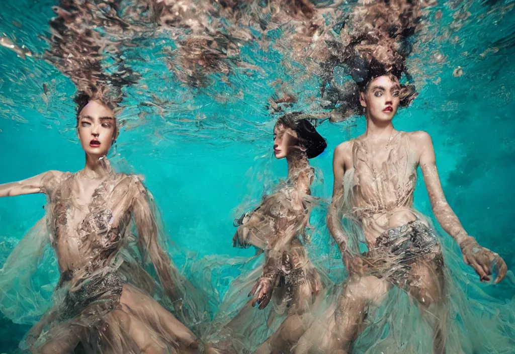 Image similar to fashion editorial underwater. wide angle shot. highly detailed. depth of field. high definition. 8k. photography.