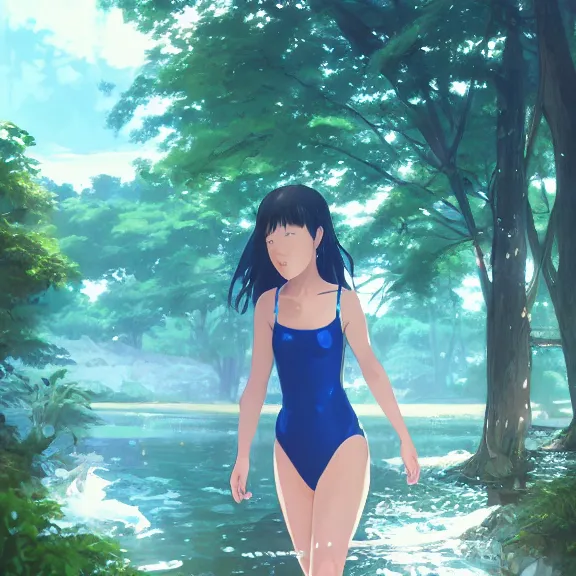 Image similar to one single girl wearing a blue full body bathing suit wading, wading weight high water, standing in a narrow river, trees bent over the river, shady, ripples, looking at the camera, front facing, inviting look, atmospheric lighting. By Makoto Shinkai, Stanley Artgerm Lau, WLOP, Rossdraws, James Jean, Andrei Riabovitchev, Marc Simonetti, krenz cushart, Sakimichan, trending on ArtStation, digital art.