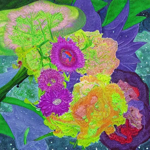 Prompt: This illustration is a large canvas, covered in a wash of color. In the center is a cluster of flowers, their petals curling and twisting in on themselves. The effect is ethereal and dreamlike, and the overall effect is one of serenity and peace. by Pipilotti Rist, by Tom Hammick, by Heather Theurer blocks