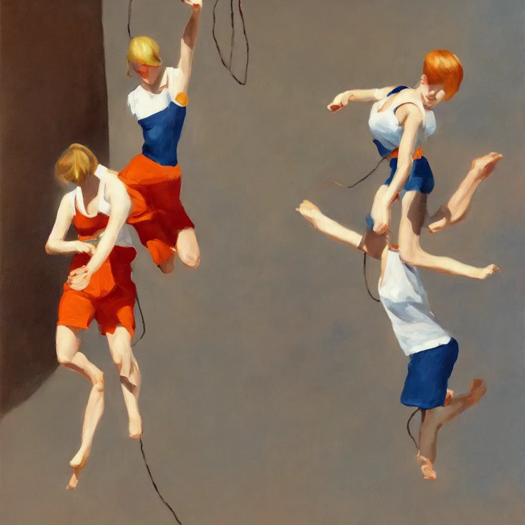 Image similar to oil painting of Tattoed Emma Stone jumping rope and wearing a white tank top in the style of Edward Hopper, predominant colors are red, white, gold and orange
