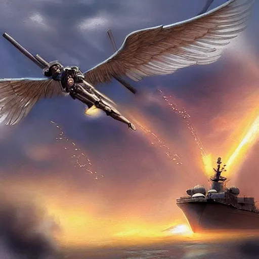 Prompt: Angels watching over a navy destroyer, epic, mythical, award winning on pinterest, award winning on devianart, front page of reddit