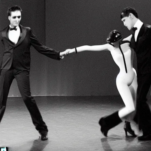 Prompt: black-and-white photo of two robots dancing tango