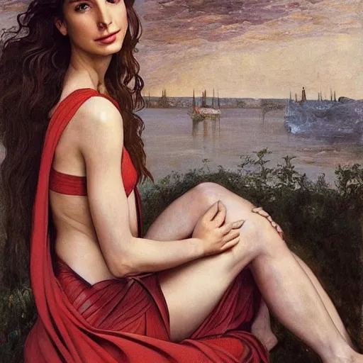 Image similar to Oil painting of the beautiful woman Gal Gadot, she is wearing some withe old cloths and a surreal ornate, her hair is natural disheveled, naturalism, dramatic lighting, high-detailed oil painting by Ilya Repin, Michelangelo da Caravaggio, William Blake, Alex Grey and Beksinski, trending on Artsatio, masterpiece, 4k, 8k,