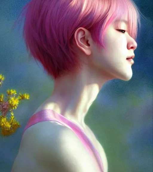 Image similar to pink haired bts jimin, muted colors, colorful flowers, sunlight filtering through skin, by alan lee, wlop, illustrated by starember, fantasy art by craig mullins cfg _ scale 9