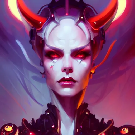 Image similar to a portrait of a beautiful demonic cybernetic queen of hell, cyberpunk concept art by pete mohrbacher and wlop and artgerm and josan gonzales, digital art, highly detailed, intricate, sci-fi, sharp focus, Trending on Artstation HQ, deviantart, unreal engine 5, 4K UHD image