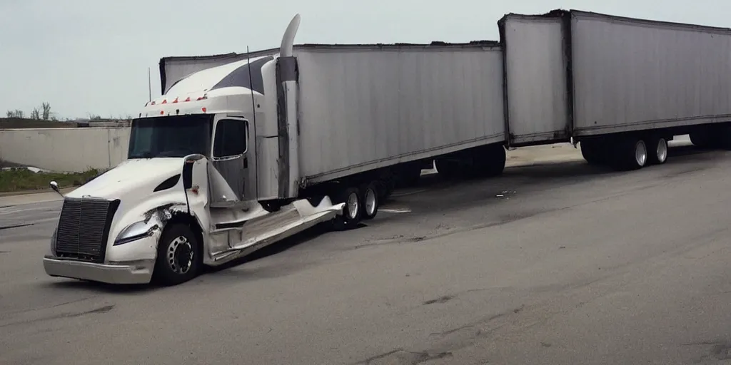 Image similar to photo of a semi - trailer truck damaged from excessive # splafluting, trending on artstation.