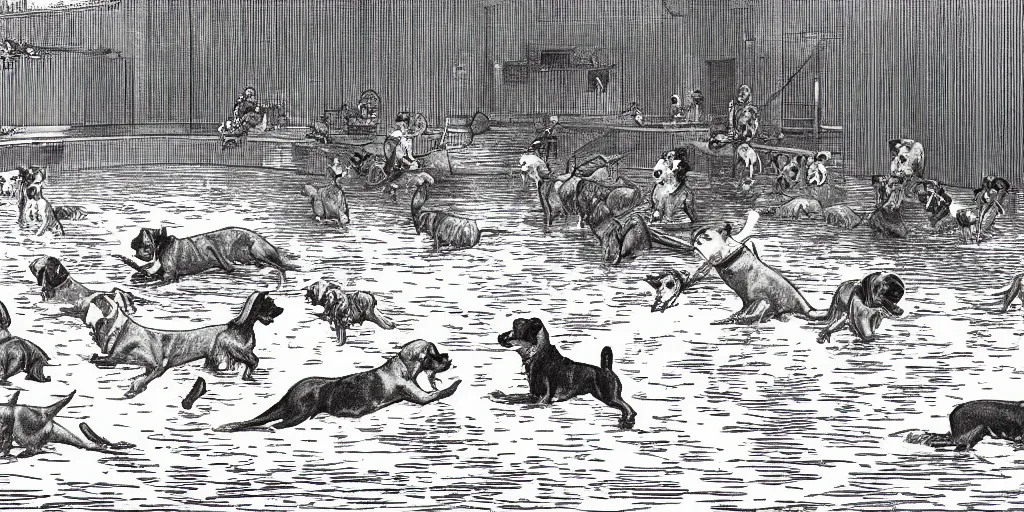 Image similar to an illustration of dogs swimming in a wide pool, vaudevillian, from 1890, detailed, vignette, high quality scan