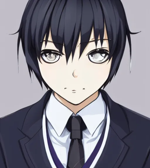 Image similar to a professional 8 5 mm portrait photograph of shuichi saihara from danganronpa, an 1 8 year old japanese man with gray eyes, long eyelashes, feminine features, black school uniform, and dark blue hair, emo, thin eyebrows, beautiful features, detective