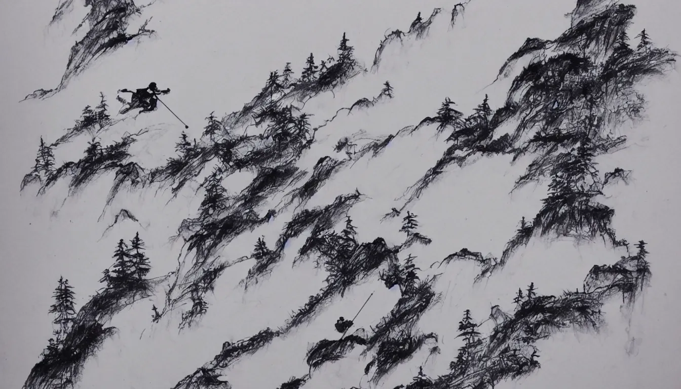 Image similar to traditional chinese ink drawing of a skier, ultra detailed