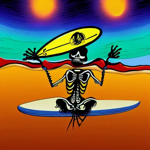 Prompt: psychedelic skeleton riding a surfboard over a wave