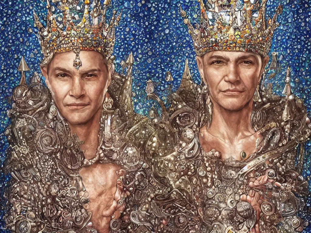 Image similar to an image of an old king wearing a crown of silver adorned with raindrops sitting in a throne of pearls in a mosaic adorned catacomb, victoria era dawn, art by terese nielsen, magali villeneuve, scott fischer