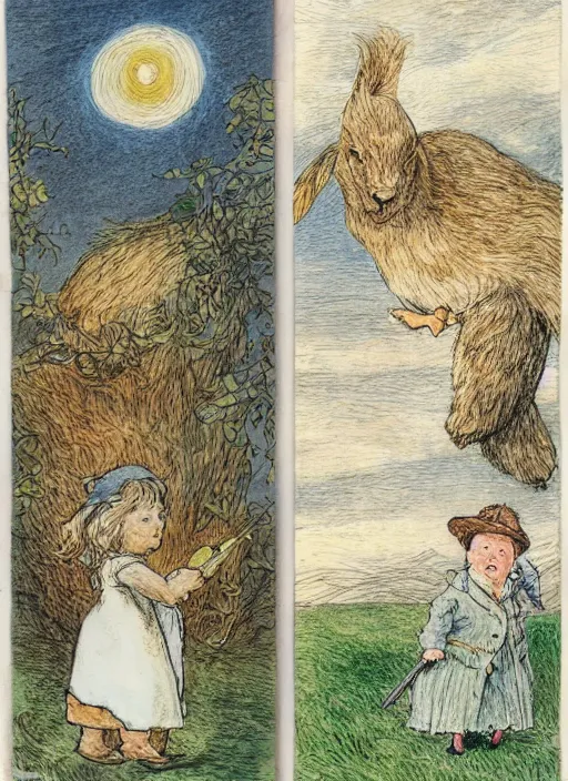 Prompt: sky transitioning from day to night, one half is sunny, other half is starry and dark, illustrated by peggy fortnum and beatrix potter and sir john tenniel