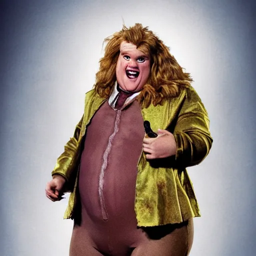 Image similar to snl chris farley as the cowardly lion of oz, studio poster photography, trending on artstation, featured on deviantart, award winning costume