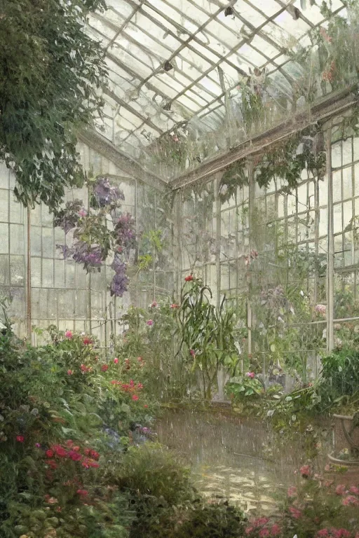 a beautiful painting of a greenhouse beside the Stable Diffusion