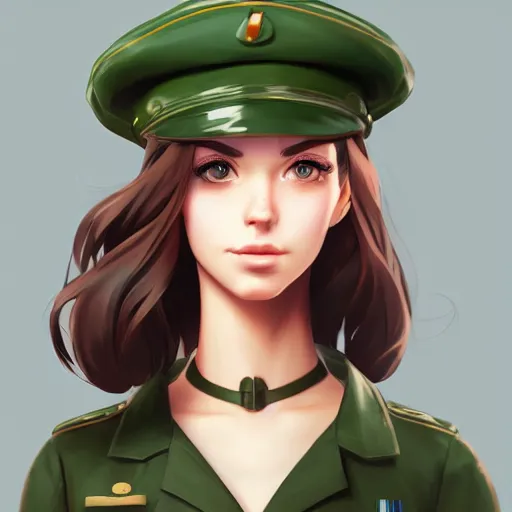 Image similar to portrait bust of young woman with long light brown hair and hazel eyes dressed in a sharp dark teal military uniform with beret, smiling, bokeh background, ilya kuvshinov, anime, ross tran, artgerm, concept art, artstation trending