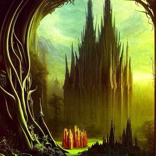 Prompt: a beautiful and highly detailed matte painting of an elven cathedral in a mystical celtic forest, alien trees and plants and flowers, twisted spires, wide angle, by caspar friedrich, albert bierstadt, james gurney, brian froud,