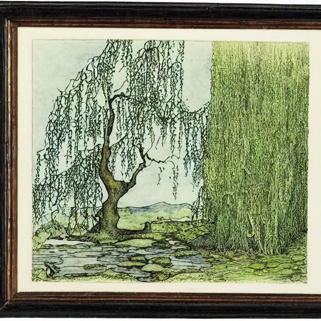 Prompt: a detailed, intricate watercolor and ink illustration with fine lines, view from the river of a mossy willow tree in a grassy field, by arthur rackham and edmund dulac and ivan shiskin