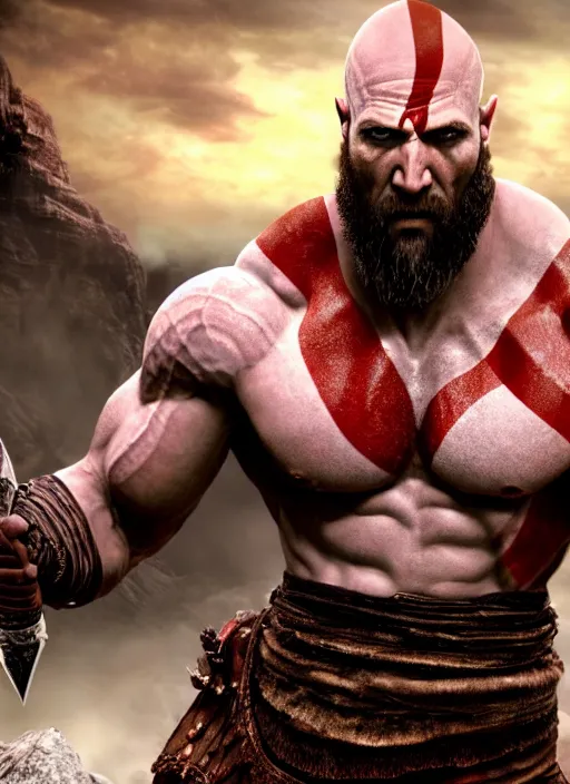 Image similar to film still from god of war, 3 d model, a highly detailed beautiful closeup photo of dwayne johnson kratos hybrid god of war holding a sword and fighting zombies on a pile of human skulls, spartan warrior, olympian god, muscular!,, action pose, ambient lighting, volumetric lighting, octane, fantasy