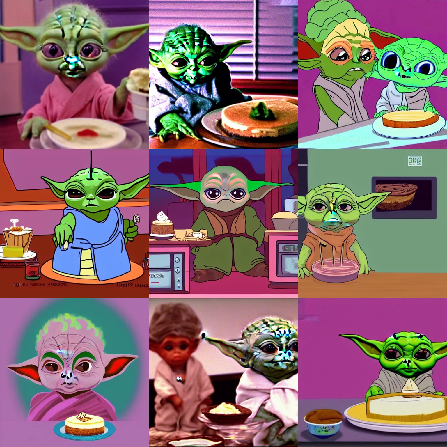 Prompt: 1 baby yoda ( 2 0 1 4 ) as sophia eating cheesecake on the tv show golden girls ( 1 9 8 5 ) hq, digital art, 4 k