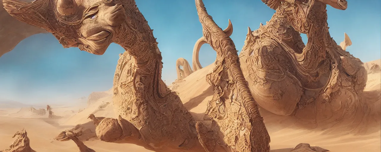 Prompt: painting of guardians of the ancient camel temple, sandstorm, dabs dunes, camel god, barren sands, desolate, forgotten, by ArtGerm and Justin Cheung and Makoto Shinkai, insanely detailed and intricate, ornate, elegant, award winning, vermillion and cyan