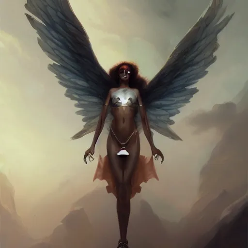 Prompt: made bypeter mohrbacher, a black female angel hovering in the sky, dystopian background, ultra realistic, 4 k, detailed, concept art, fantasy, deviantart, intricate, masterpiece, award winning,