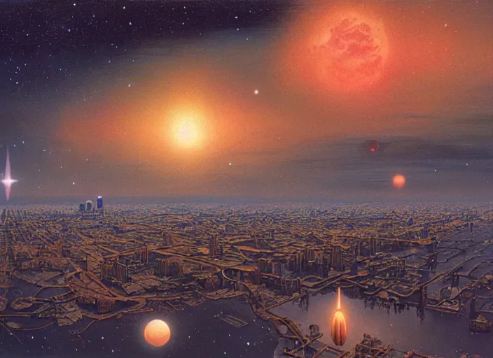 Prompt: the city and the stars, matte painting, peter elson