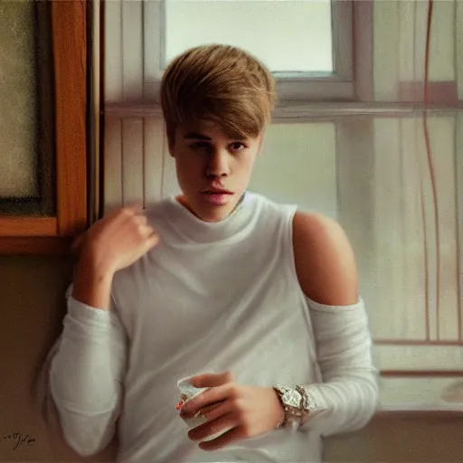 Image similar to justin bieber in milk, cottage core, cinematic focus, polaroid photo bleached vintage pastel colors high - key lighting, soft lights, foggy, by steve hanks, by lisa yuskavage, by serov valentin, by tarkovsky, 8 k render, detailed, oil on canvas