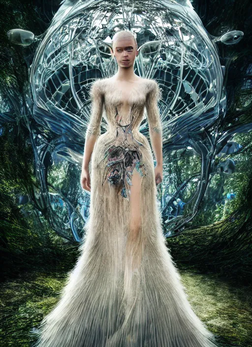 Prompt: a beautiful hyperrealistic ultradetailed 3D, one girl in a magnificent McQueen couture clothes on the background of a futuristic forest, Designer clothes, futuristic clothes, clothes from the future, biopunk, voge photo, fashion style, fullbody, in full growth, photorealistic, high resolution, trending on artstation, highly detailed, volumetric lighting, elegant, details, good clear quality, volumetric lighting,