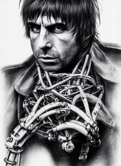 Image similar to Liam Gallagher by Yoshitaka Amano, by HR Giger, biomechanical, 4k, hyper detailed, hyperrealism, anime