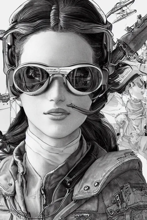 Prompt: studio portrait of a female aviator, wearing aviator goggles, beautiful, elegant, young skinny pretty, an ultrafine hyperdetailed illustration by kim jung gi, and moebius, jean gireaud, and nicholas delort, intricate linework, detailed faces, super sharp focus, bright colors, octopath traveler, final fantasy, unreal engine 5, central composition,