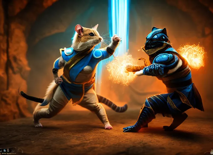 Image similar to hamster dressed as sub zero fights a cat dressed as scorpion in mortal kombat on the background of a laughing shao khan. fantasy magic style. highly detailed 8 k. intricate. lifelike. soft light. sony a 7 r iv 5 5 mm. unreal engine with nanite and path tracing