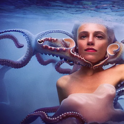 Image similar to kodak film, symmetrical balance, soft blur light, volumetric lighting, highly detailed, britt marling style 3 / 4, a octopus woman in the water in style o f annie leibovitz, highly detailed, interstellar outdoor soft pastel mute colors scheme, hyper realistic, photo realistic