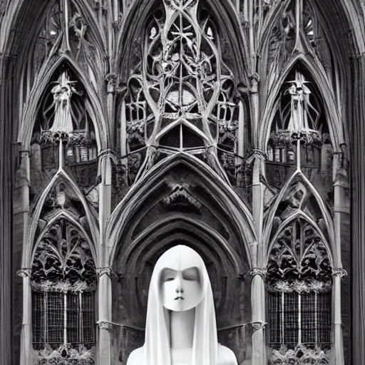 Image similar to architect, white marble gothic cathedral, with mandala flames windows, a gothic girl dressed in black with perfect face