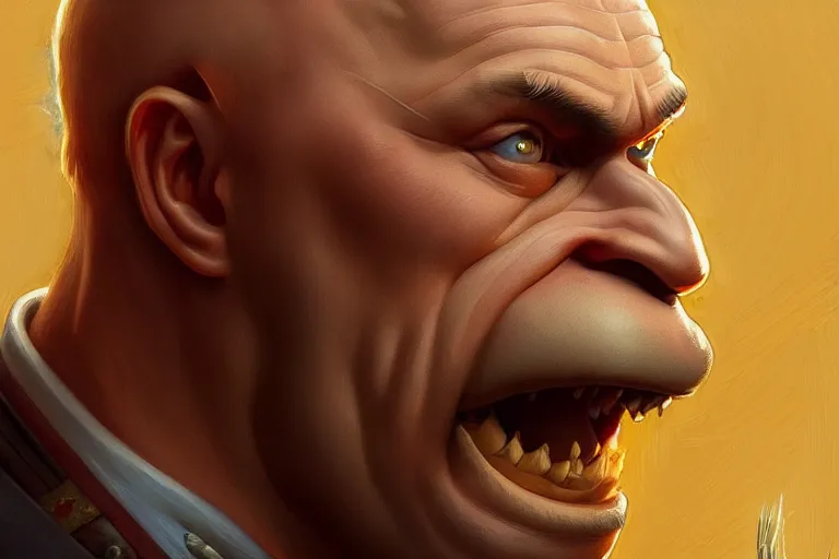 Prompt: vladimir putin as homer simpson, closeup, d & d, fantasy, intricate, elegant, highly detailed, digital painting, artstation, concept art, matte, sharp focus, illustration, hearthstone, art by artgerm and greg rutkowski and alphonse mucha